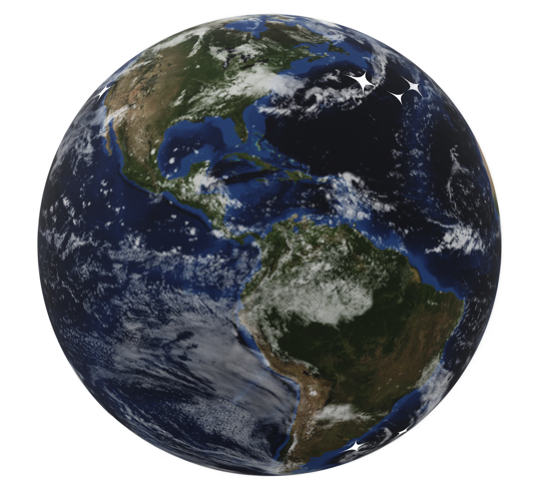 3D model of Earth showing North and South America, with swirling white cloud cover over the oceans and continents against a white background
