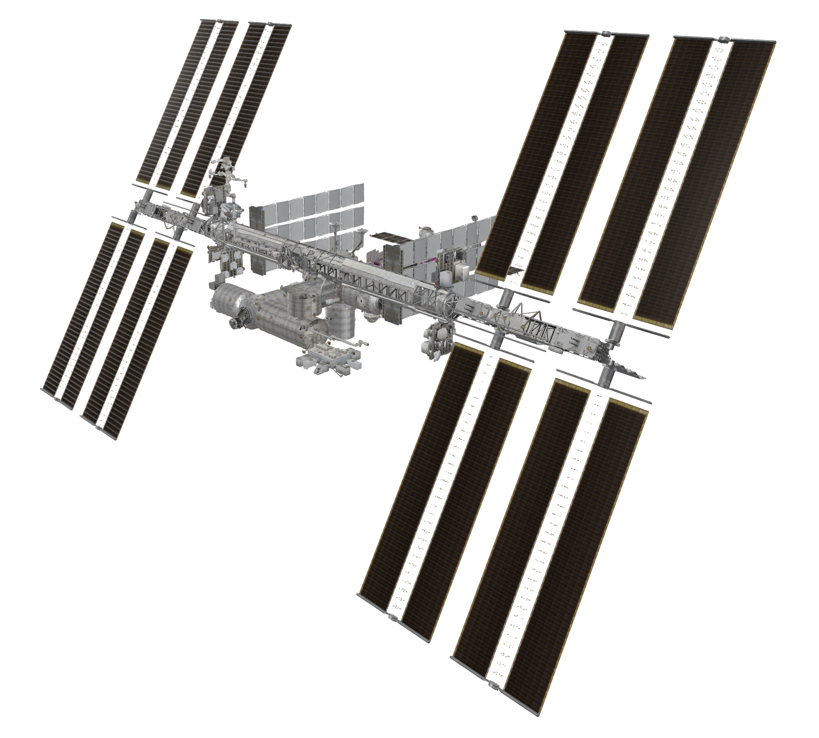 International Space Station 3D model, viewed at an angle, showing the modular station structure and its eight large dark solar array wings extended against a white background